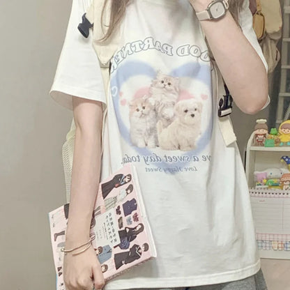 Territory Japanese Style Cat Print White T-shirts Women Sweet Kawaii Cute Short Sleeve Tees Harajuku Fashion Oversized Loose Tops