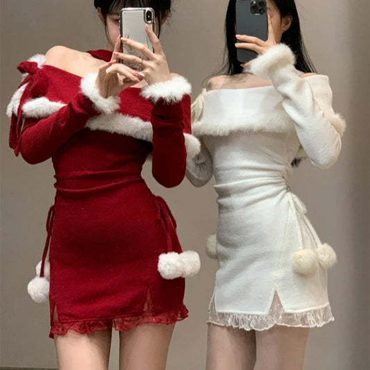 Territory 2024 Winter Christmas Bodycon Knitted Mini Dress Women Casual Long Sleeve Sweet Elegant Even Party One Piece Dresses Korean Fur