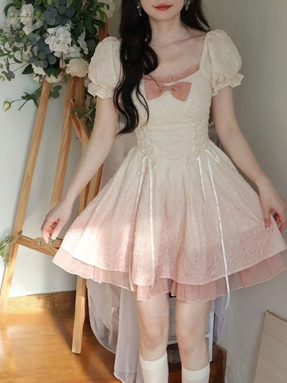 Territory Bubble Sleeve Kawaii Lolita Mini Dress Women Pink Bow Princess Sweet Party Cute Dress A-Line Elegant Fairy Dress 2024 Spring New