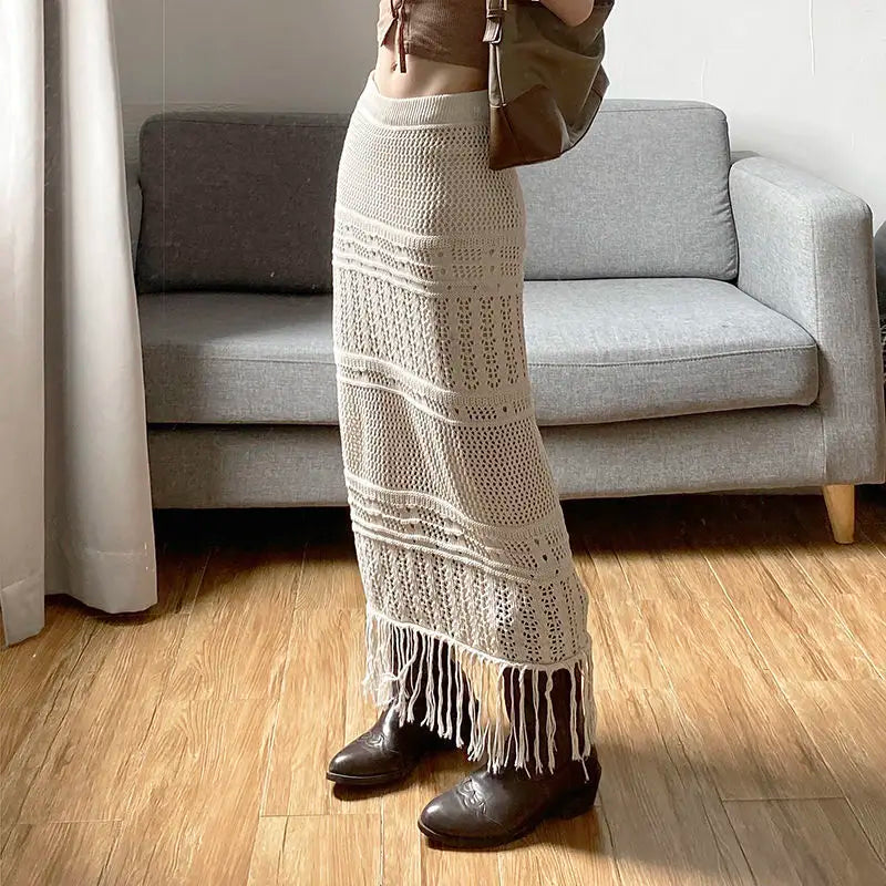 Territory Apricot Embroidery Pattern Sexy All-Match Self-Cultivation Mature Feminine Simple Women'S Long Tassel Skirt