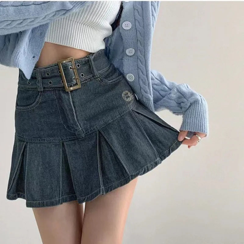 Territory  Denim Pleated Mini Skirt Vintage Sexy High Waist A-line Belt Women Embroidery Jean Short Skirt Summer Japanese Y2k