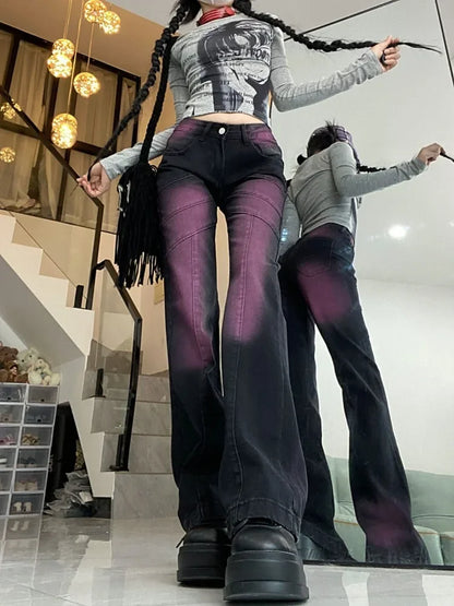 Territory American Style Black Purple Denim Pants Y2k E-Girl Vintage High Waist  Flare  Autumn New Tie Dye Straight Trousers