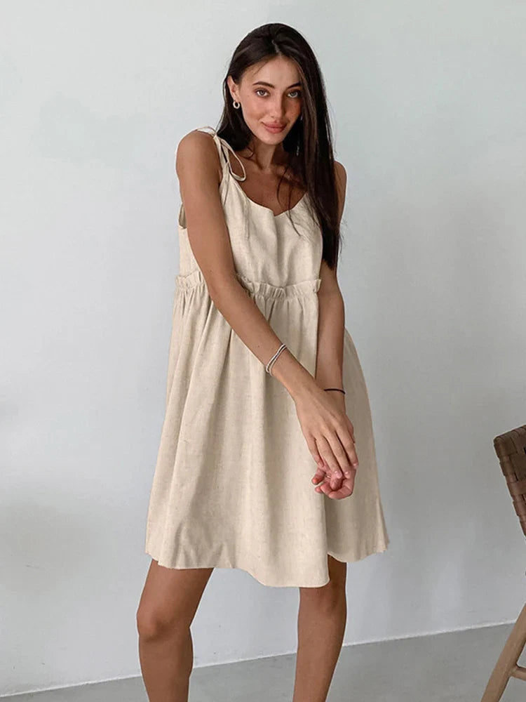 Territory Sexy Club Dress Summer Autumn Women Holiday Solid Khaki Spaghetti Flare Linen Mini Dress For Women