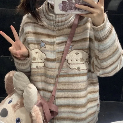 Territory Harajuku Kawaii Striped Sweaters Mujer Spring Stand Collar Dog Print Cardigans Y2k Grunge Long Sleeve Zipper Knitted Tops