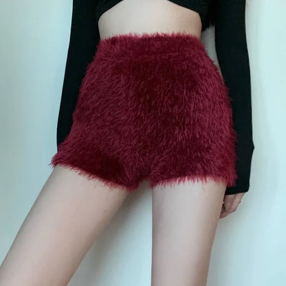 Territory Black Furry Knitted Casual Shorts for Women Autumn Winter Waterproof Mink Short Femme Y2k E-Girl Thicked Warm Bottoming