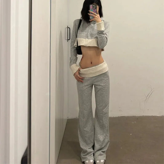 Territory Korean Long Sleeve Hoodie Knitted Coat Women+ Y2k Grunge High Waist Loose Wide Leg Pants 2024 Spring New Two Piece Sets