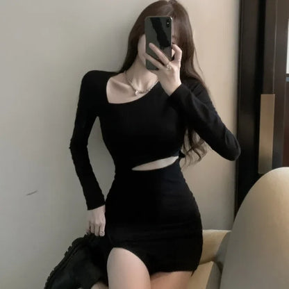 Territory Harajuku Street Black Bodycon Dress for Women Summer New Slim Waist Hollow Out Dresses Y2k Grunge Long Sleeve Vestidos Mujer