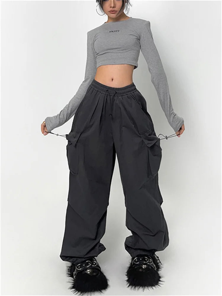 Territory Cyber Y2K Red Parachute Pants Women Kpop Streetwear Gray Cargo Trousers Oversized Egirl Punk Black Wide Leg Pantalones