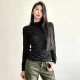 Territory Black Half High Neck Y2k Tops Long Sleeve Base Shirt for Women Autumn Winter Pleats Design Slimming Harajuku T-shirt