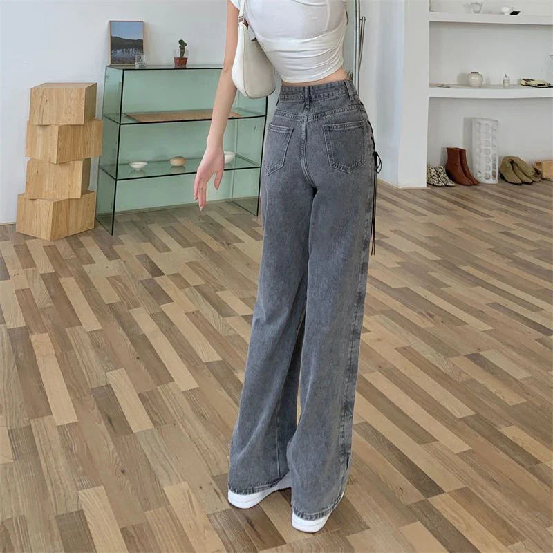 Territory Black Gray Lace Up Design Jeans Women Vintage High Waist Straight Denim Pants Female Autumn Winter New Chic Wide Leg Trousers