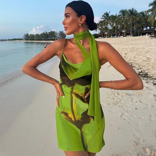 Territory Halter Backless Mini Dress Beach Vacation Outfits Sexy Green Floral Summer Dresses For Women 2024 Y2K Clothing