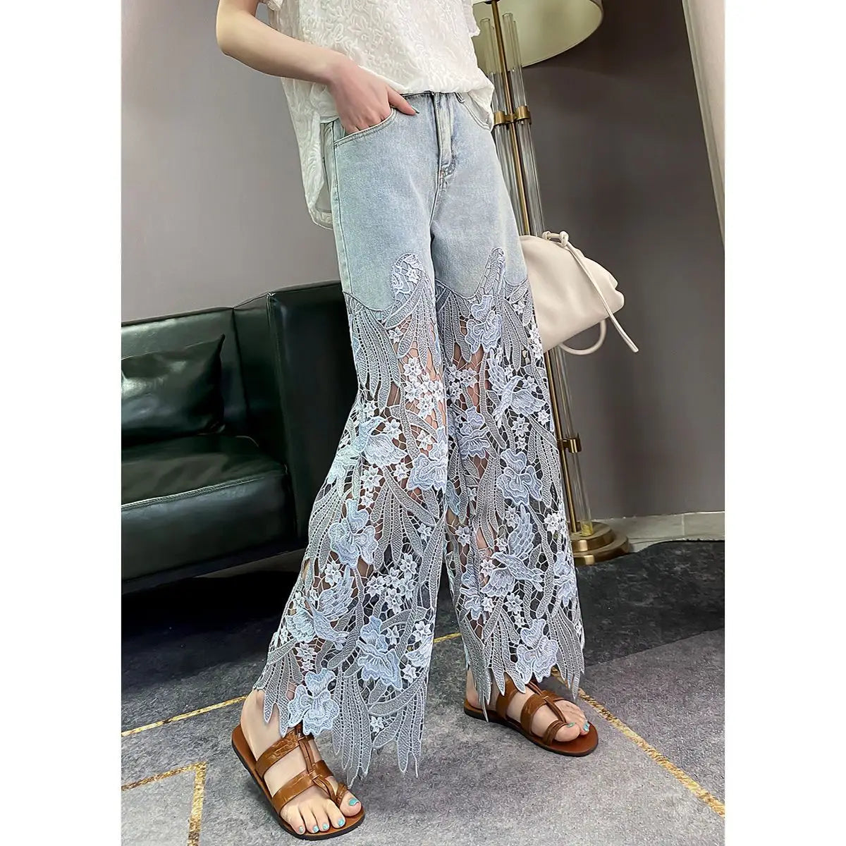 Territory Hollow Out Lace Panel Wide Leg High Waist Blue Jeans Women's Summer Straight Leg Pants Woman Clothing Baggy Pants