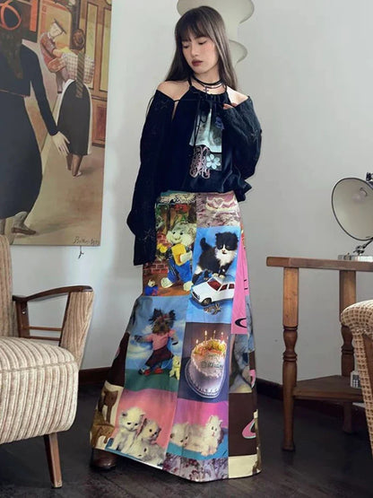 Territory Design Aesthetics Skirts for Women Cartoon Print High Waist Long Skirt Spring Summer Fashion Cute All Match Vintage Clothing