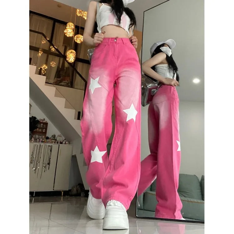 Territory American Vintage Star Print Street Denim Pants 2024 Autumn Sweet Pink Trousers Women Y2k Grunge High Waist Wide Leg