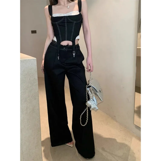 Territory 2024 Summer New Streetwear Contrast Color Lace Splicing Irregular Camisole Women + Loose Casual Wide Leg Pants Two-piece Suit