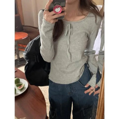 Territory  Vintage Y2K Women's Sweater Slim Knitwear Tshirts Grey Korean Fashion Spring Basic Kint Long Sleeve Pullovers Casual