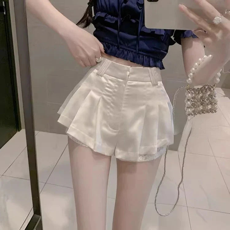 Territory 2024 Summer New Wide Leg Shorts Fashion Simple High Waist Ruched Skirts  Y2k Grunge Thin Lace White Short Femme