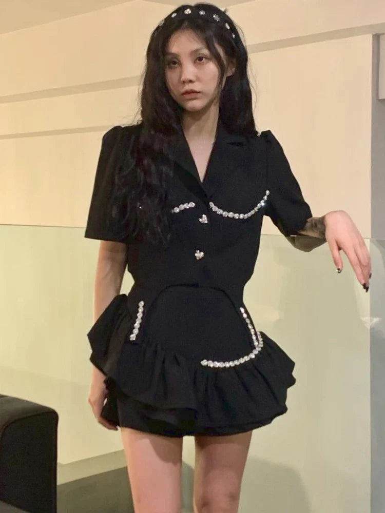 Territory Black Sexy Vintage Two Piece Set Women Korean Fashion Elegant Party Mini Skirt Set Female Button Casual Retro Skirt Suit