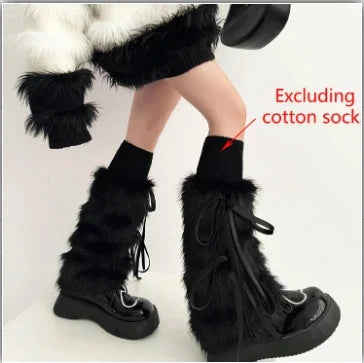 Territory Kawaii Bow Knot Leg Warmers Thickened Imitation Rabbit Fur Women Leggings Boots Cover Lolita Punk Harajuku Party Accessories