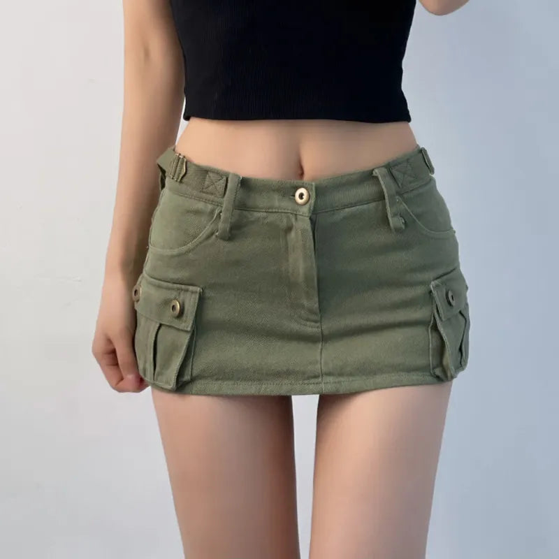 Territory Denim Cargo Mini Skirt Women Korean Style Low Waist Slim Sexy Vintage Streetwear Green Jean Skirt Y2k Girl Summer