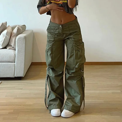 Territory Harajuku Solid Drawstring Cargo Pants Female Streetwear Tech Pockets Draped Baggy Trousers Hip Hop Sweatpants Outfits