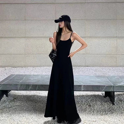 Territory Black Stap Long Dress Women Streetwear Sleeveless A Line Dresses Y2K Korean Slim Sundress Summer Elegant Casual Vestidos