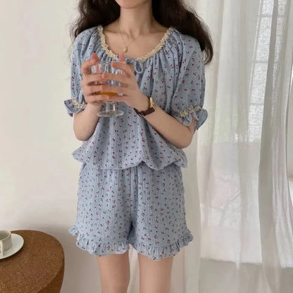 Territory Floral Print Summer Pajamas Set Women Shirts Tops + Shorts Set Two Piece Ruffles Sweet Home Suit Home Clothes Korean