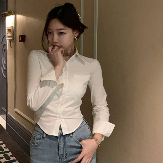 Territory Korean White Office Women Chiffon Shirt Pocket Button Lapel Ladies Blouse Spring Commuter Long Sleeve New Female Crop Tops