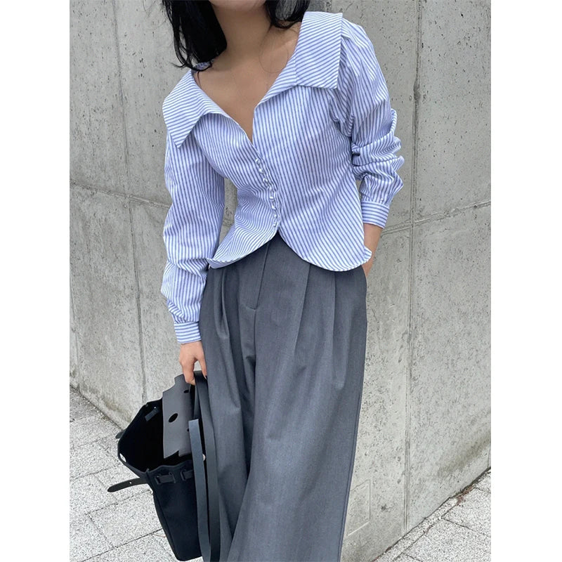 Territory Elegant Striped Shirts Women Korean White Long Sleeve Blouses Office Ladies Fashion Design Turn Down Collar Chic Tops New