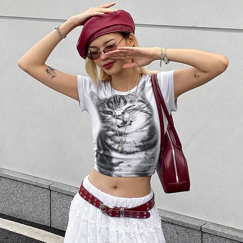 Territory Graphic Tees 2000s Clothes Y2k Streetwear Trendy Short Sleeve Crop Tops White T Shirts for Woman 2024 Summer