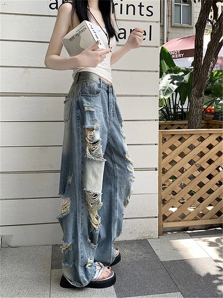 Territory Hollow Out Ripped Jeans Casual Loose Mid-Waisted Wide Leg Pants Women 2024 Autumn Spring Fashion Streetwear