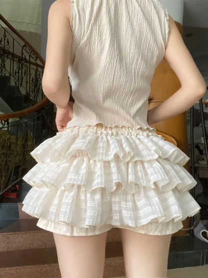 Territory Fashion Sweet Skirts Solid Color Ruffles Patchwork Design Aesthetics Summer High Waist Skirt Y2k Mini All Match Women Clothing