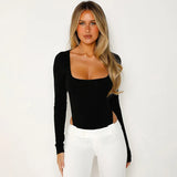 Territory Black Backless Bodysuits Women Square Neck Long Sleeve Thong Open Back Bodysuit Sexy Tops Fall Winter Outfits