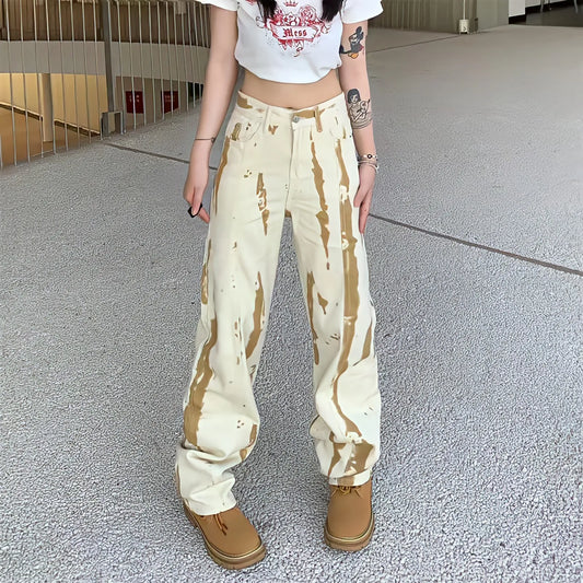 Territory Baggy Y2k  Jeans Women High Waist Straight Wide Leg Yellow Pants Streetwear Korean Fashion Harajuku Graffiti Tie Dye Trousers