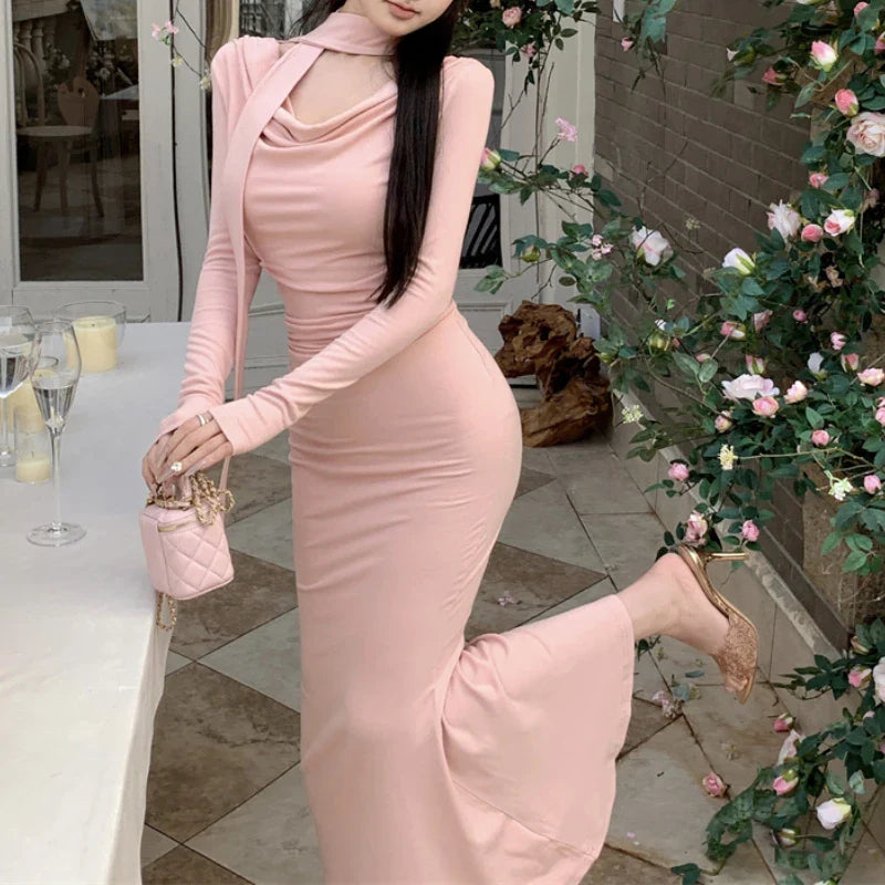 Territory Korean V-neck Pleated Sexy Elegant Long-sleeved Dress Women 2024 Spring New High Street Solid Color Mid-length Dress with Scarf