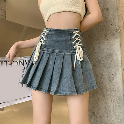 Territory Denim Pleated Skirt Korean Fashion Women Bandage High Waist A-line Cute Sexy Cargo Jean Mini Skirt Summer Y2k Girl