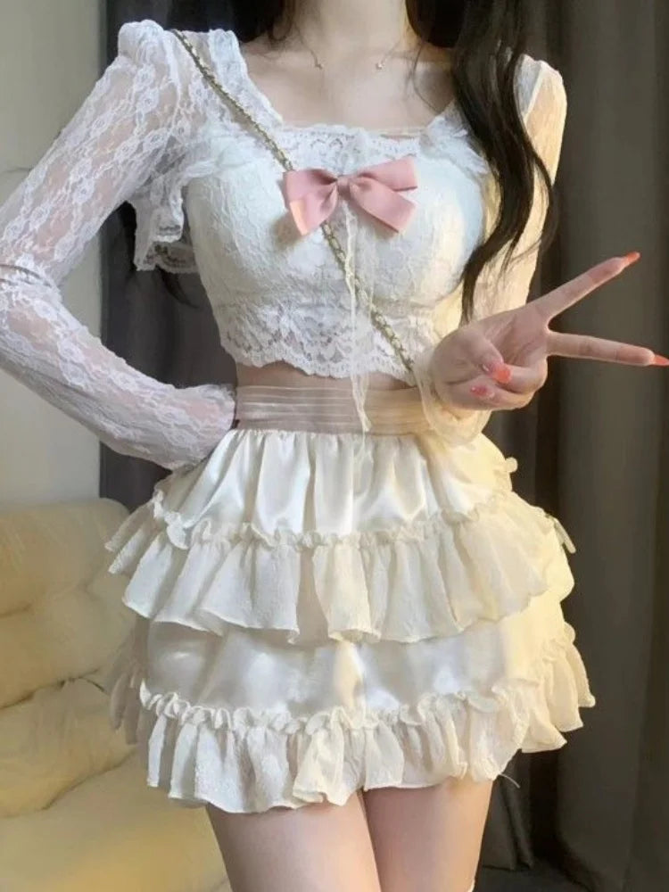 Territory Japanese Lolita Kawaii 3 Piece Set Women Lace Sweet Party Cake Skirt Suit Female Bow Elegant Hight Waist Skirts Suit Summer