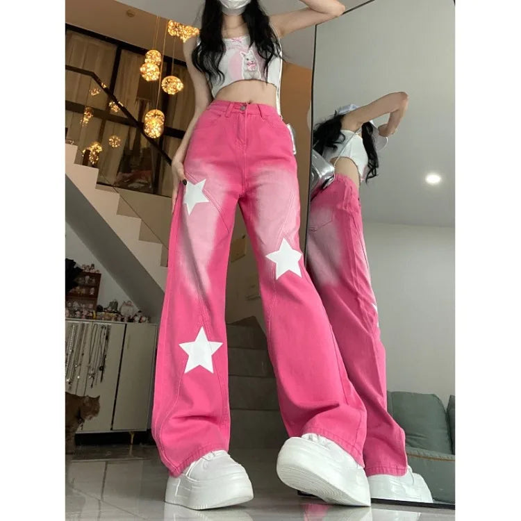 Territory American Vintage Star Print Street Denim Pants 2024 Autumn Sweet Pink Trousers Women Y2k Grunge High Waist Wide Leg