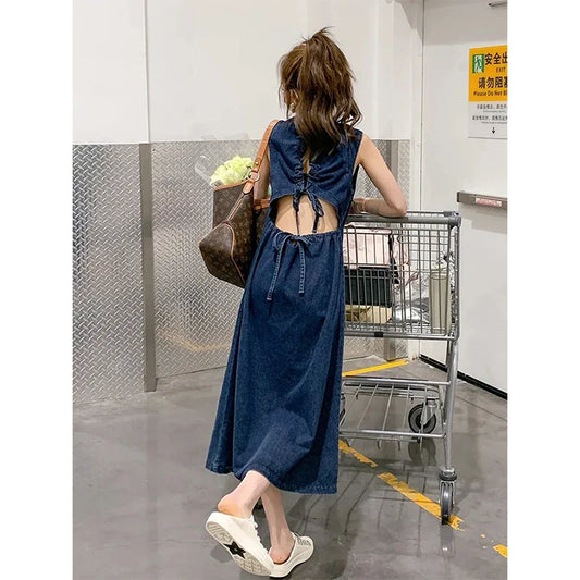 Territory Denim Midi Dress Women Hollow Out A Line Dresses Streetwear Sleeveless Backless Sundress Korean Lace Up Casual Vestidos