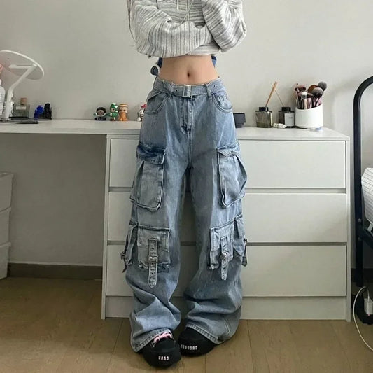 Territory Heavy Industry Cargo Jeans Women Vintage Oversize Pocket Wide Leg Streetwear Gyaru Denim Pants Trousers Aesthetic