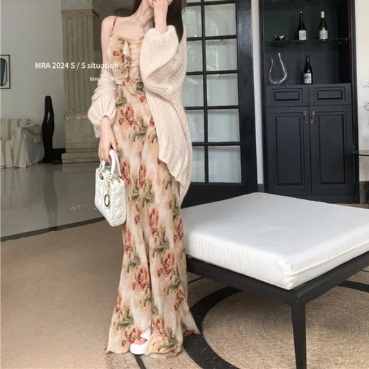 Territory 2024 Spring New Korean Floral Print Ruffled Elegant Sling Dress Women + Loose Casual Long-sleeved Cardigan Two-piece Suit