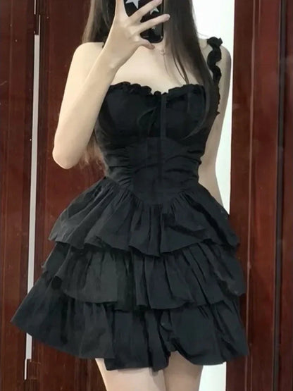 Territory Gothic Hrajuku Goth Lolita Kawaii Cute Black Ruffles Dress Soft Girl Y2k Fashion Cake Party Short Dresses