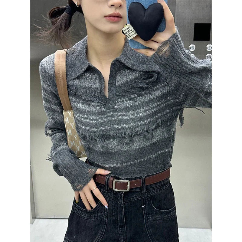 Territory  Y2K Striped Sweater Women Streetwear Tassel Cropped Knitted Pullovers Harajuku Vintage Slim Knitwear Korean Casual Jumper