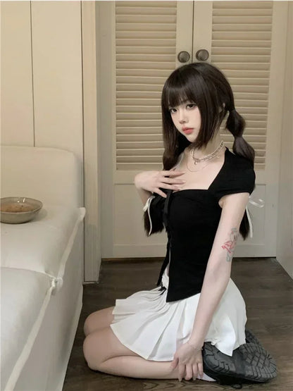 Territory Coquette Aesthetic Beige Crop T-shirts Women Y2k Babydoll Bandage Black Short Sleeve Tees Korean Style Slim Corset Tops