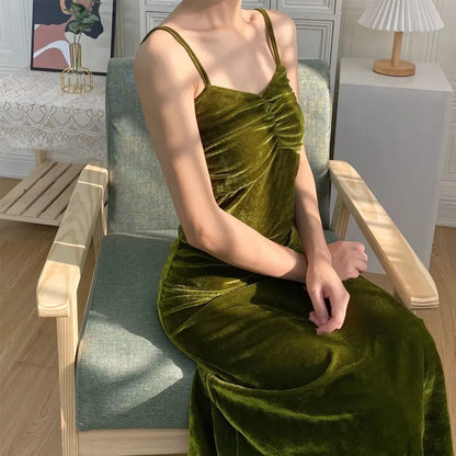 Territory French Retro Literary Green Velvet Suspender Dress Women Ol Temperament Elegant Sleeveless Dress Korean Summer Spring Long Dress