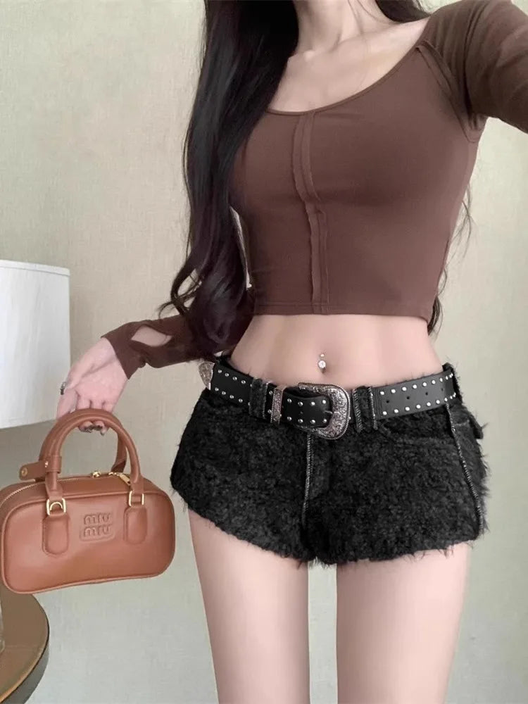 Territory American Style Coffee Shorts for Women 2024 Autumn/Winter Low-waisted  Y2k Grunge Fluffy Casual Short Pants Mujer