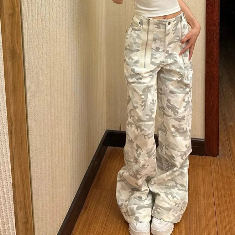 Territory American Retro Camouflage Cargo Pants Y2k E-Girl High Waist Straight Jeans for Women 2024 Sumemr New Loose Wide Leg