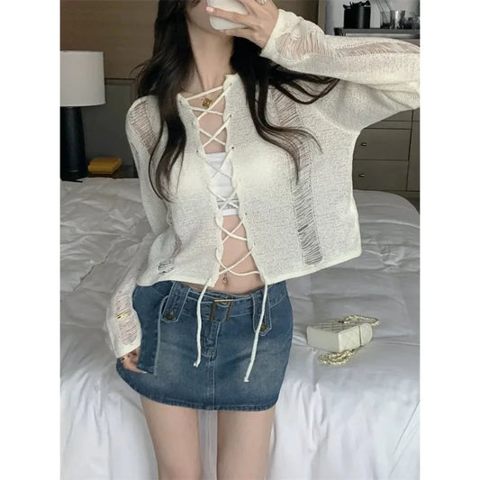 Territory  Coquette Y2K Lace Up Cardigan Crop Harajuku Knitwear See Through Women's Sweater Korean Fashion Spring Knit Loose Gyaru