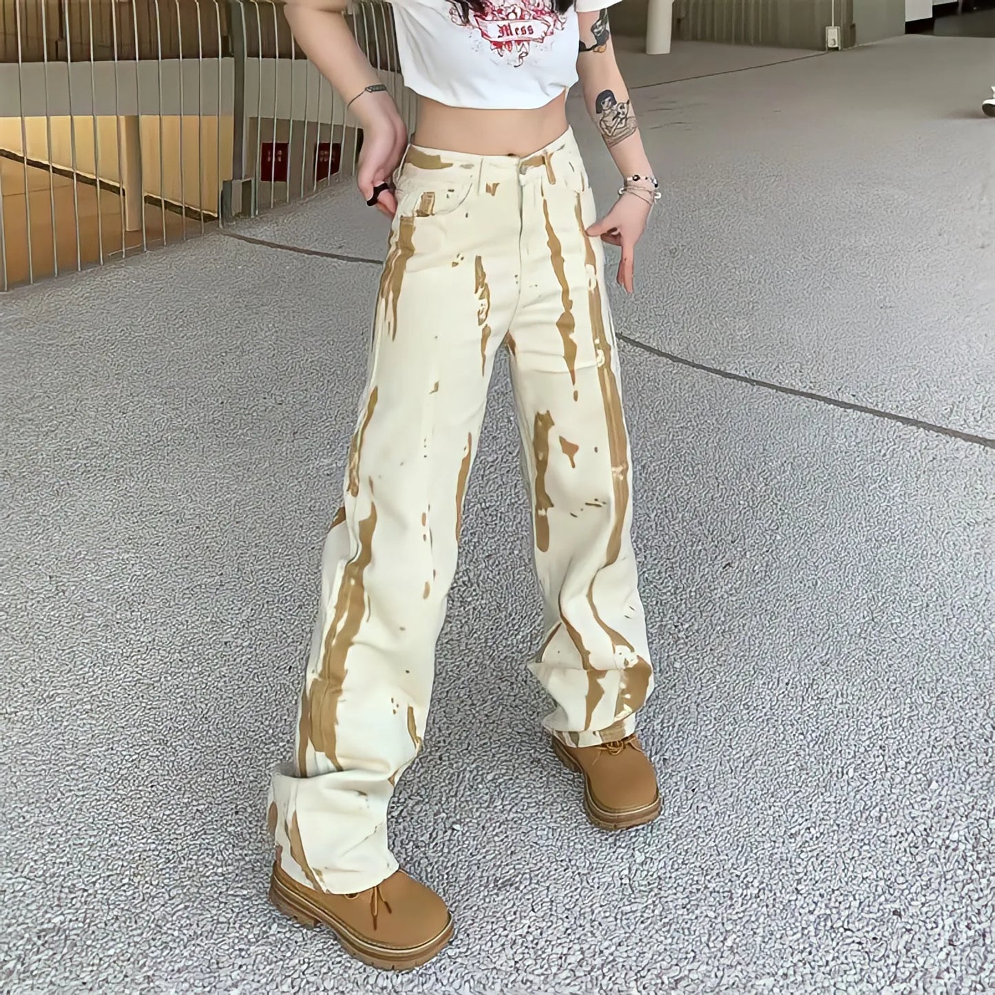 Territory Baggy Y2k  Jeans Women High Waist Straight Wide Leg Yellow Pants Streetwear Korean Fashion Harajuku Graffiti Tie Dye Trousers