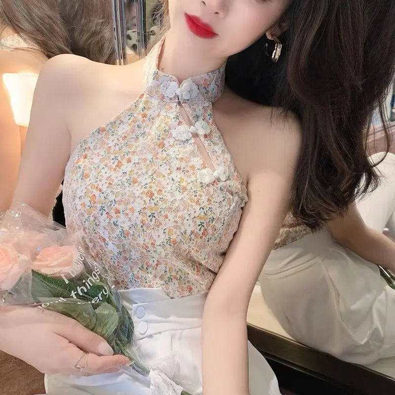 Territory Floral Print Bow Lace Up Elegant Chic Sweet Sleeveless Shirts Summer Fashion Sexy Off Shoulder Slim Top Blouse Women Blusas